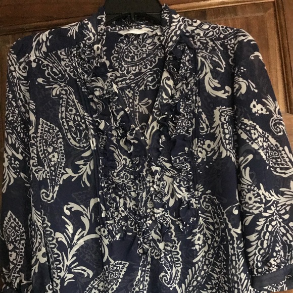 Express Navy and White sheer ruffled blouse - Picture 2 of 4